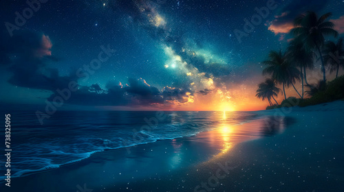 The Milky Way shimmers above the night beach, reflected in the calm turquoise water. Palm trees sway gently.