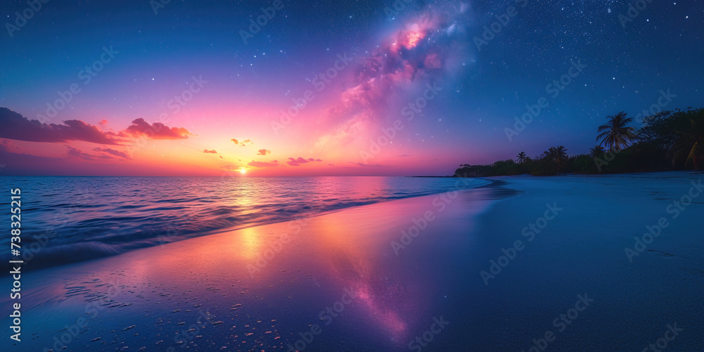 The Milky Way shimmers above the night beach, reflected in the calm turquoise water. Palm trees sway gently. The Milky Way shimmers above the night beach, reflected in the calm turquoise water. Palm trees sway gently.