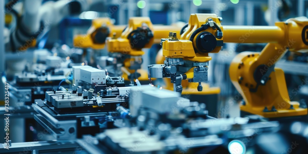 High-tech manufacturing plant with robotic arms working High-tech manufacturing plant with robotic arms working