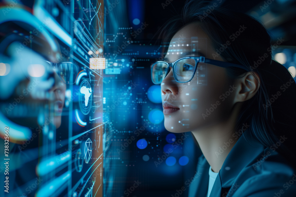 A woman wearing glasses is actively interacting with a futuristic interface in a modern business setting A woman wearing glasses is actively interacting with a futuristic interface in a modern business setting