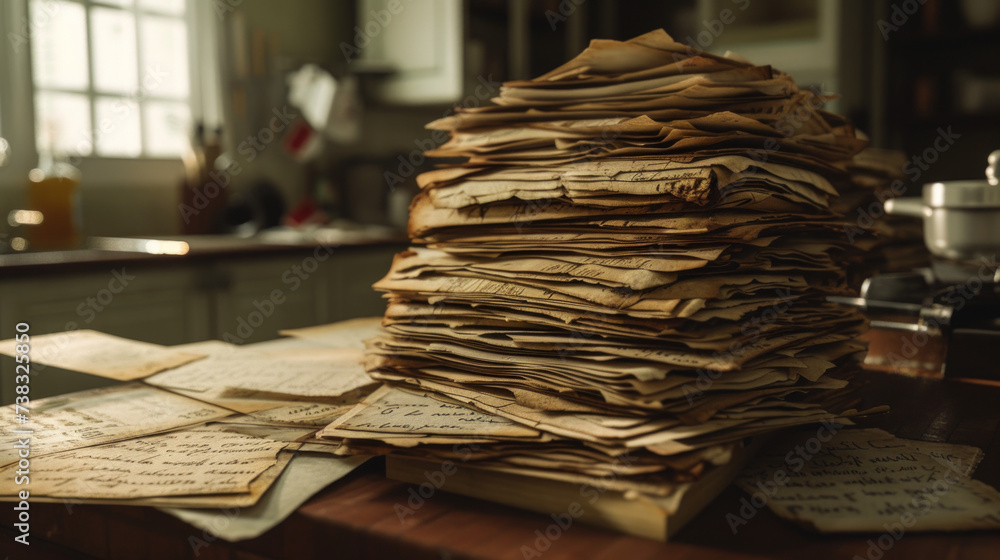 An assortment of aged, handwritten recipe cards stacked neatly on a kitchen counter - obrazy, fototapety, plakaty 