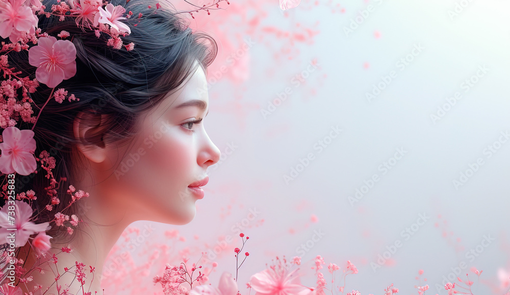 Happy women's day poster with woman silhouette in the left corner of the screen, in light magenta and sky blue style, accurate and realistic, copy space banner. Happy women's day poster with woman silhouette in the left corner of the screen, in light magenta and sky blue style, accurate and realistic, copy space banner.