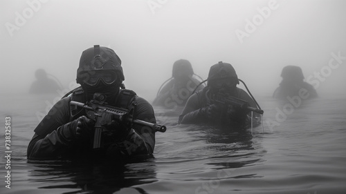 Soldados de las fuerzas especiales del ejercito por el agua en un dia de niebla