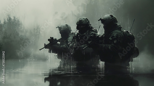 Soldados de las fuerzas especiales del ejercito por el agua en un día tormentoso