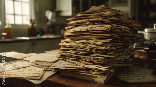 An assortment of aged, handwritten recipe cards stacked neatly on a kitchen counter photo