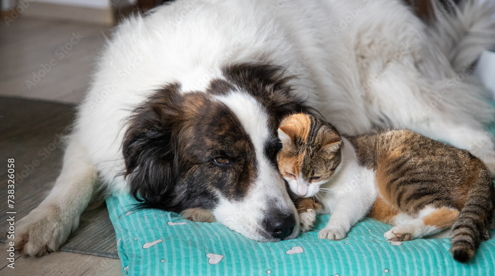 cute little dog and cat in bed