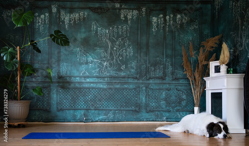 woman doing yoga against a green wall