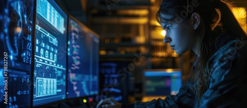 At night, a female hacker in a basement uses a computer to carry out cyber attacks involving phishing, malware, database breaches, password breaches, and ransomware on a digital transformation network photo