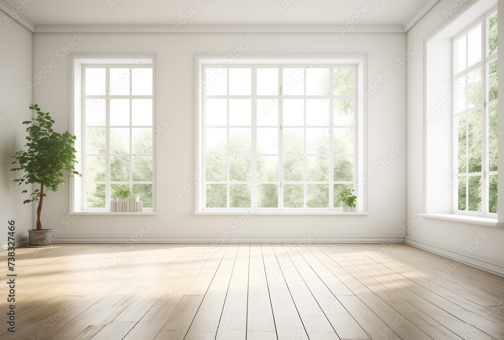 Obraz premium Large empty spacious bright white loft room with parquet