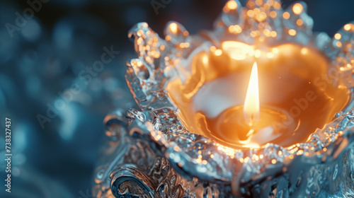 A close-up of an elegant, tarnished silver candle holder with a melted wax candle