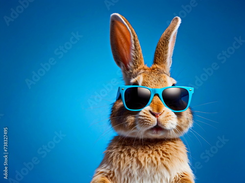 rabbit dancing with sunglasses with blue background generative AI