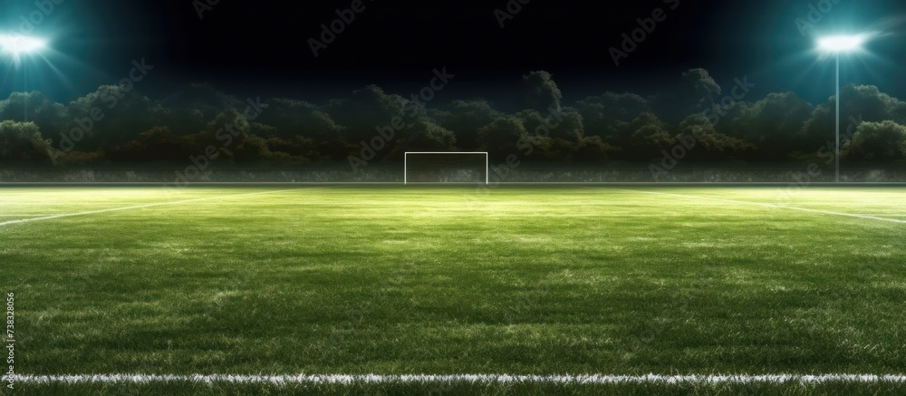 The background is a green soccer field at night illuminated by lights