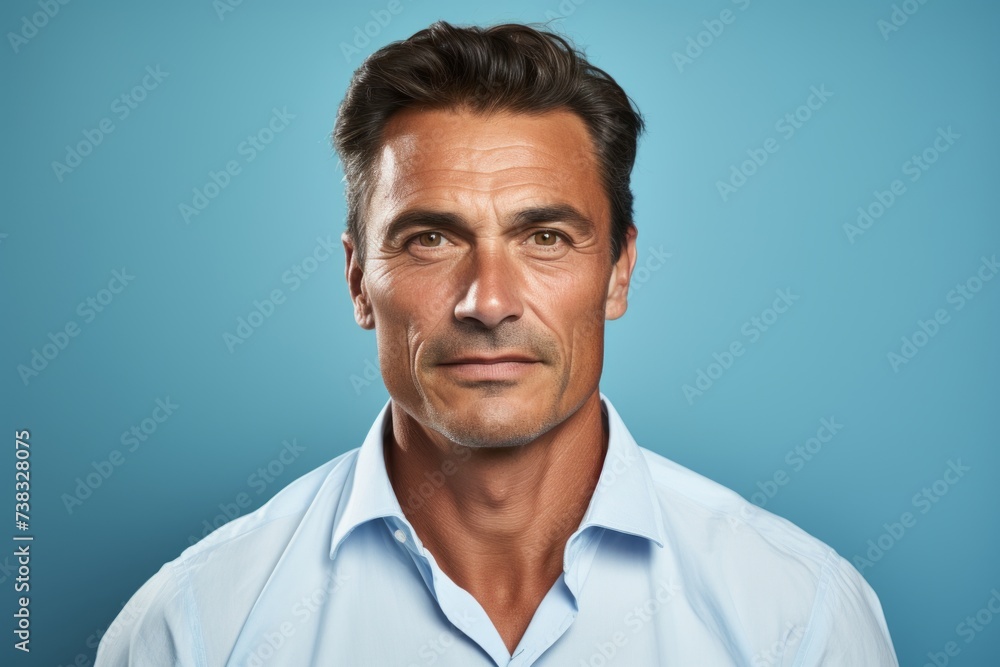 Portrait of a handsome middle-aged man against a blue background Portrait of a handsome middle-aged man against a blue background