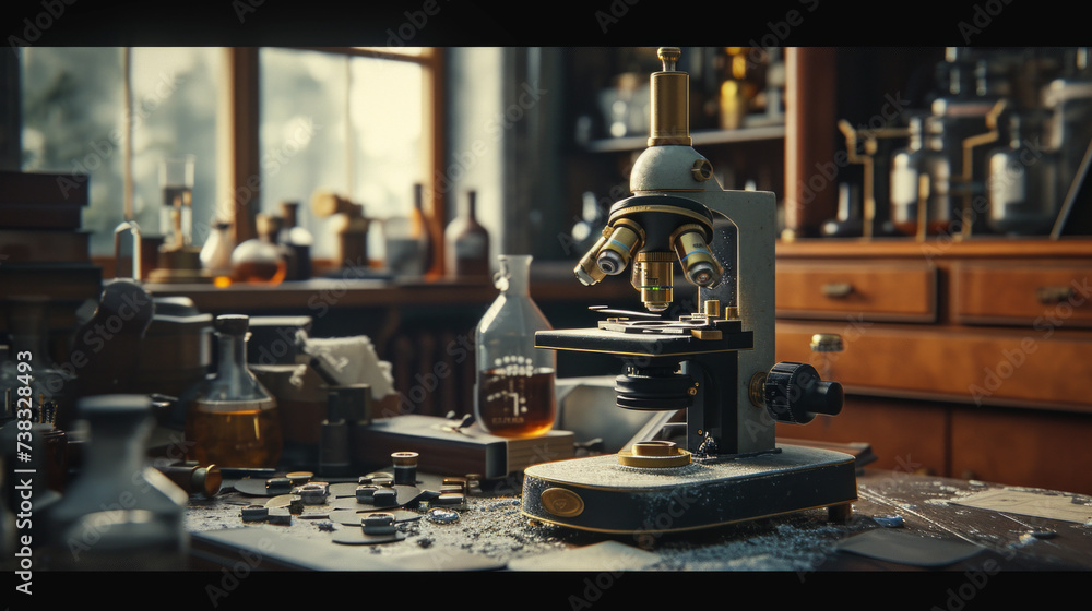 A dusty, antique microscope with brass components and glass slides on a laboratory table