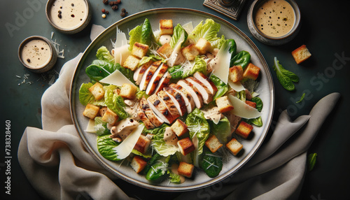 Salade césar élégante avec poulet grillé en tranches fines, parmesan et croutons, vue du dessus photo