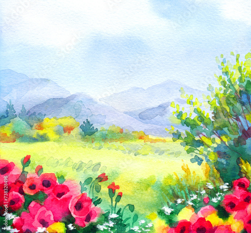 Watercolor landscape. Field with poppies near the mountains