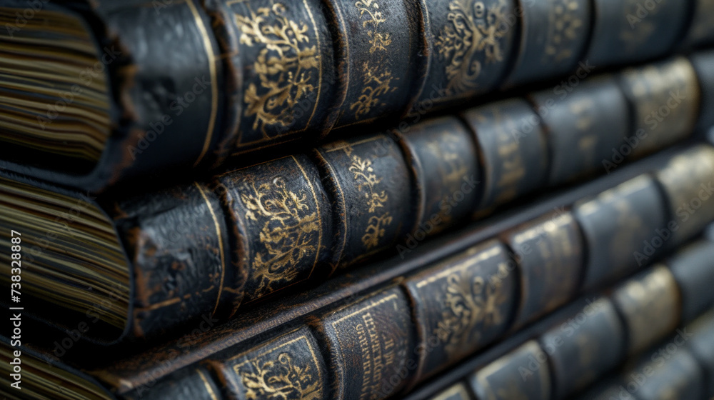 A stack of weathered, leather-bound law books with gold embossing on the spines A stack of weathered, leather-bound law books with gold embossing on the spines