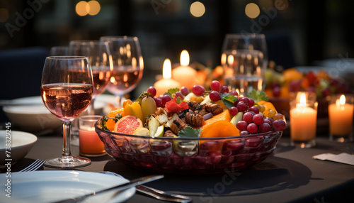 Gourmet meal, fresh fruit, wineglass, candle decoration generated by AI