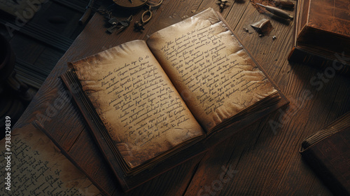 An overhead view of a well-used and stained leather-bound journal open to a page of handwritten notes