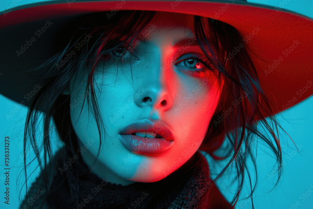 Front view. Female portrait. Beautiful young white brunette woman in black coat, coral hat, red lips looks at camera. Neon red and blue lights. Bright soft daytime natural sunlight from window. Front view. Female portrait. Beautiful young white brunette woman in black coat, coral hat, red lips looks at camera. Neon red and blue lights. Bright soft daytime natural sunlight from window.