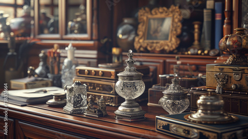 A set of antique glass inkwells with decorative metal lids on a vintage writing desk