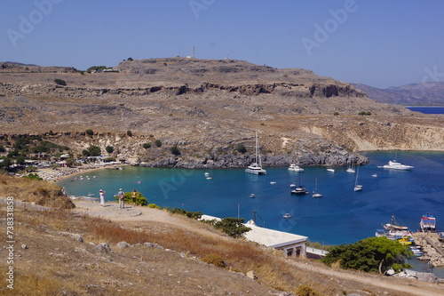 A panoramic view of Lindos beach from a viewpoint. Rhodes, Greece