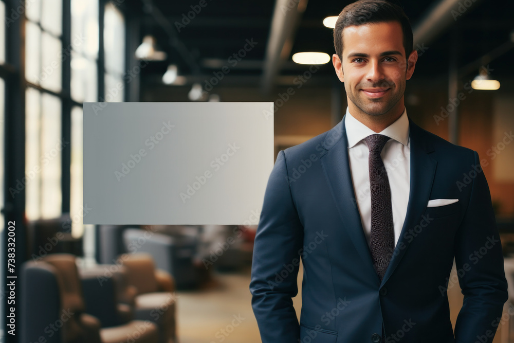 Fototapeta premium Confident Businessman in Modern Office Environment, Open Empty Text Copy Space Used for a Business Professional Seminar Poster, Announcement, Invitation, or Sign 