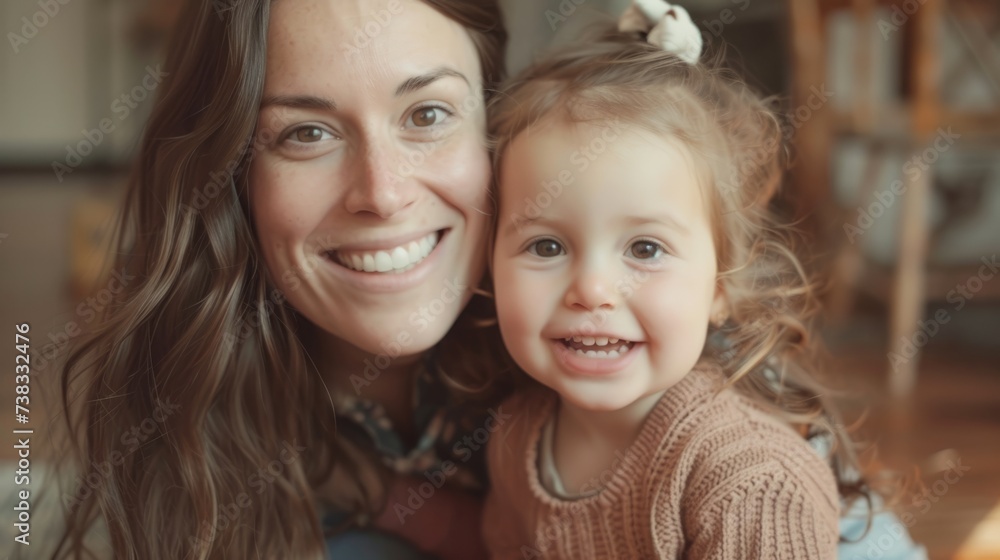 Beautiful woman and child with long brown hair smiling generative ai