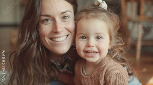 Beautiful woman and child with long brown hair smiling generative ai