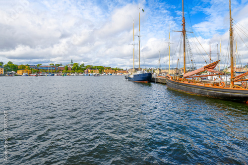 Photography 2023: Historic ships docked along Djurgarden Island near the Vasa Museum in the historic center of the Scandinavian city of Stockholm, Sweden