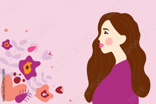 Design of a girl in bright clothes. Hand drawn flowers in the left corner. All in bright pink and purple colors. Template for postcard, poster, banner for International Women's Day or Mother's Day