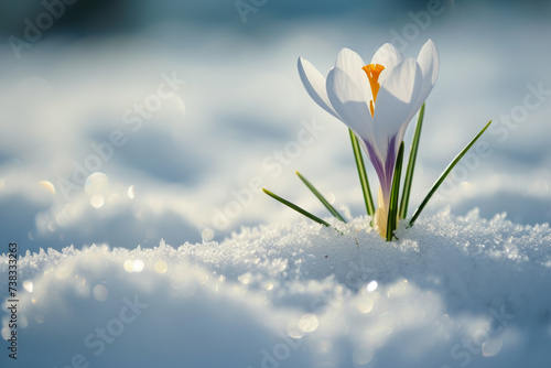 A white flower breaks out from under the snow. Background with selective focus and copy space © top images