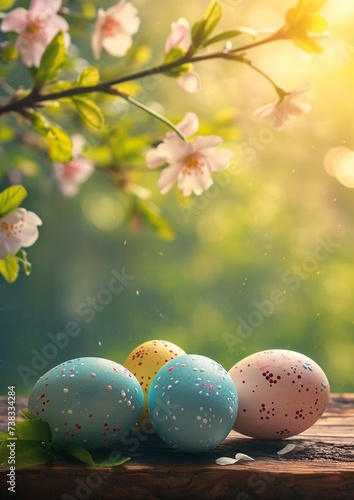 Easter Wallpaper with Spring Flowers, Easter Eggs and Copy Space
