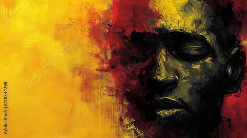 A painting featuring black, yellow, and red hues portrays an African American man with closed eyes, symbolizing psychological stress and mental health challenges.