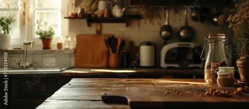 An ideal setting for preparing rustic meals is displayed with a well-lit kitchen table and a close-up of a dark wooden cutting board.
