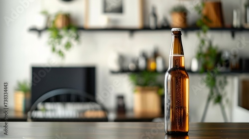 beer bottle on a dark desk, with white wall generative ai photo