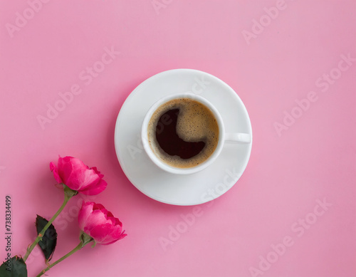 Cup of tasty coffee on pink background view from above