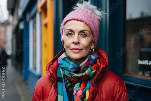Portrait of a beautiful middle-aged woman in a pink hat and scarf.