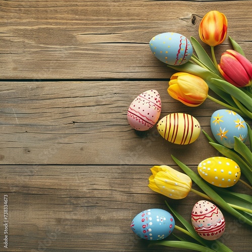 Easter Wallpaper with Spring Flowers, Easter Eggs and Copy Space