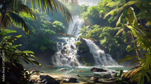 A waterfall in the jungle with a forest background   Beautiful waterfall 3d image