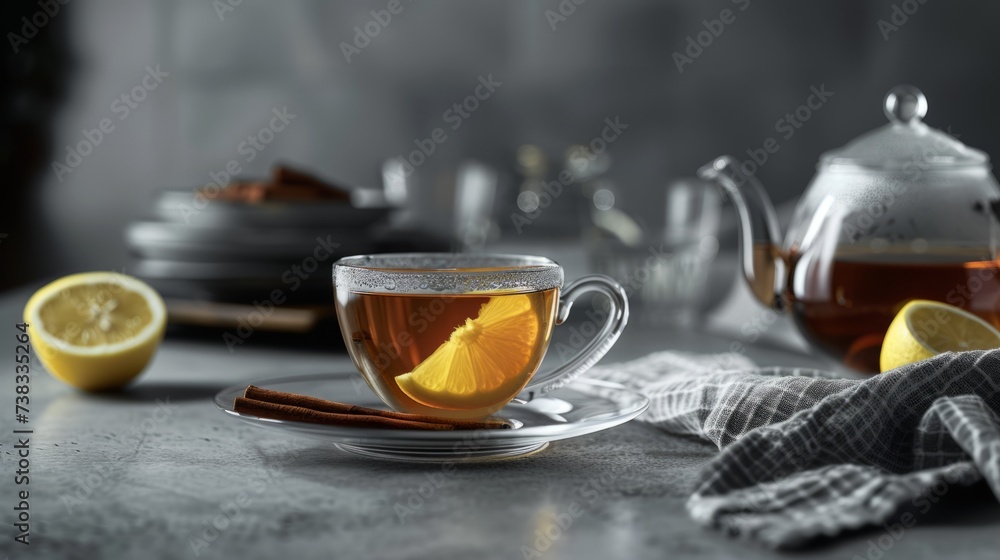 cup of tea with lemon, cinnamon and glass teapot generative ai