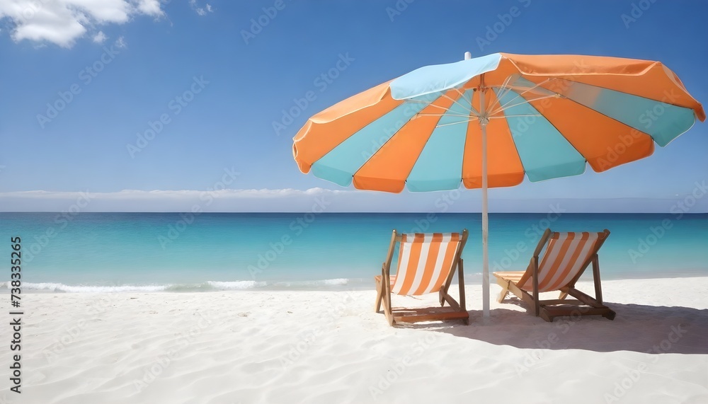 A striped orange and white beach umbrella with two beach chairs on white sand against a clear blue sky and turquoise ocean