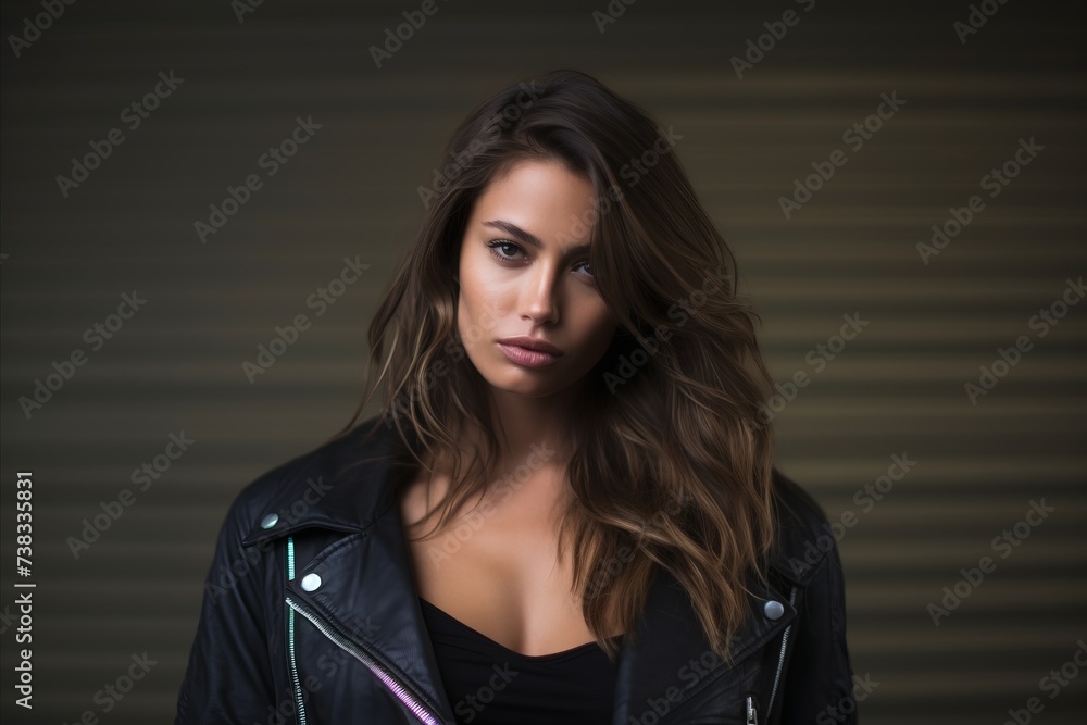 Portrait of a beautiful young brunette woman in a leather jacket Portrait of a beautiful young brunette woman in a leather jacket