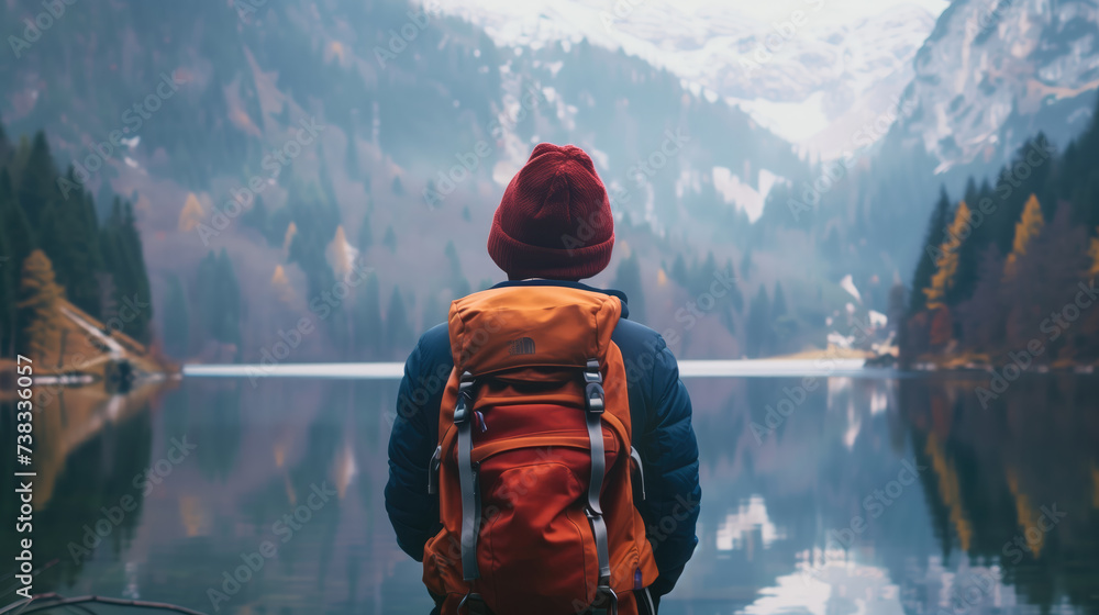 A traveler with a red beanie and orange backpack stands before a serene mountain lake, enveloped in a tranquil, misty atmosphere.