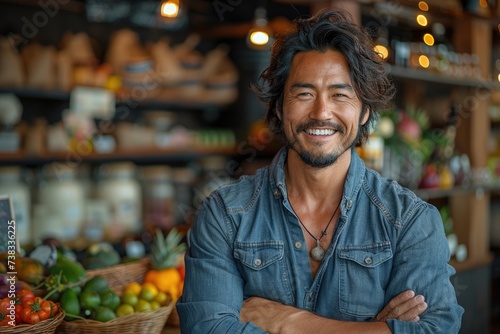 Portrait of an Asian small business owner looking at the camera. He has positive and confident look. photo