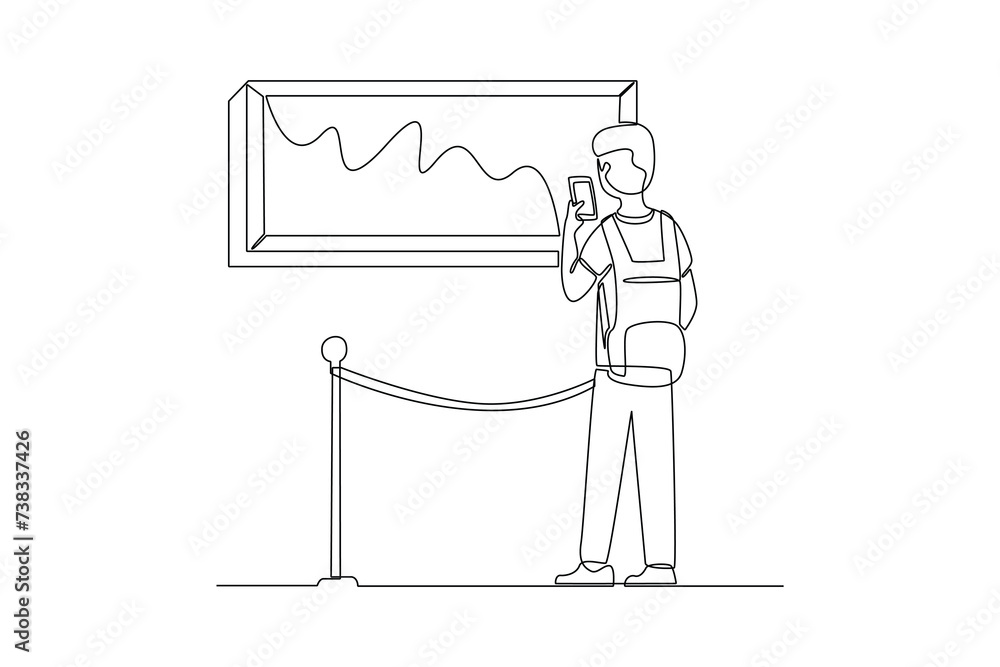 Man looking at historical painting in museum. International museum day, historical museum concept, Vector museum background.