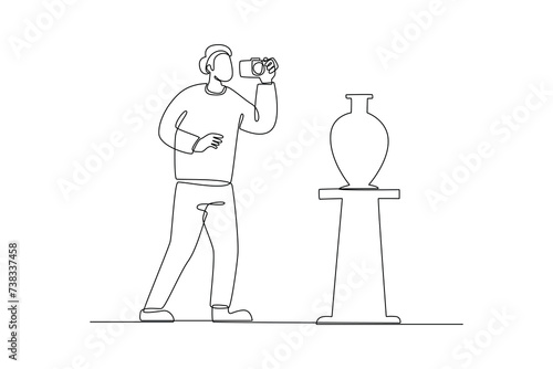 a man takes photos of historical artifacts in a museum. International museum day, historical museum concept, Vector museum background.