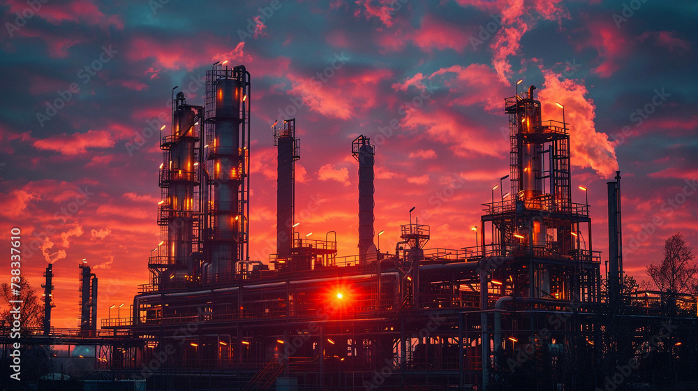 Fototapeta premium Oil refinery against a dramatic sunset sky