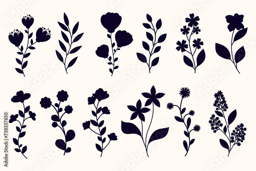Leaves, flowers and branches silhouettes set. Wild plants and garden flowers silhouettes on white background