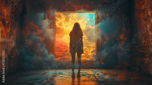 Young woman standing at the doorway looking out to a vibrant sunset